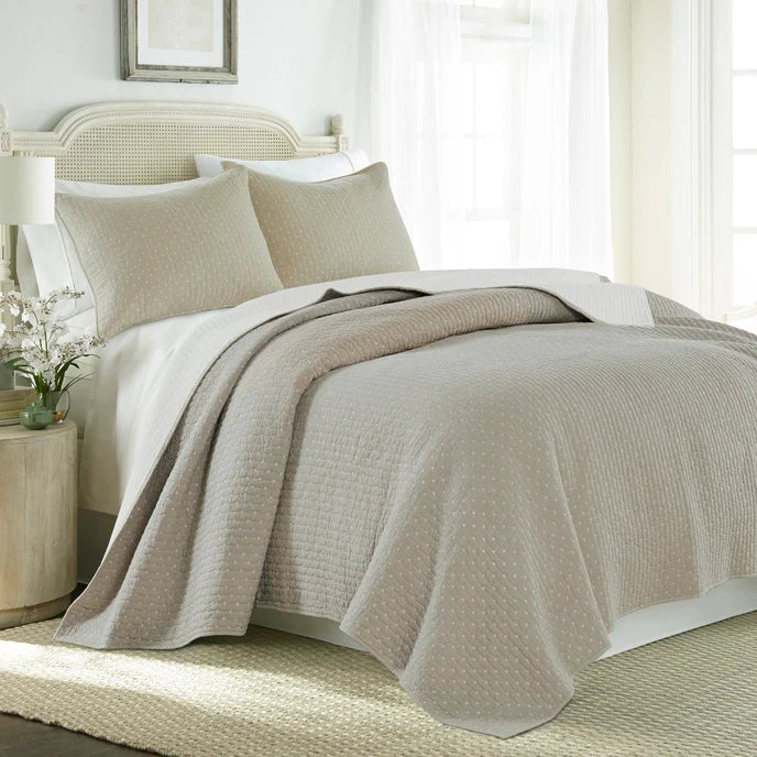 Beautiful Cross Stitch 100% Cotton Quilt Set - Taupe