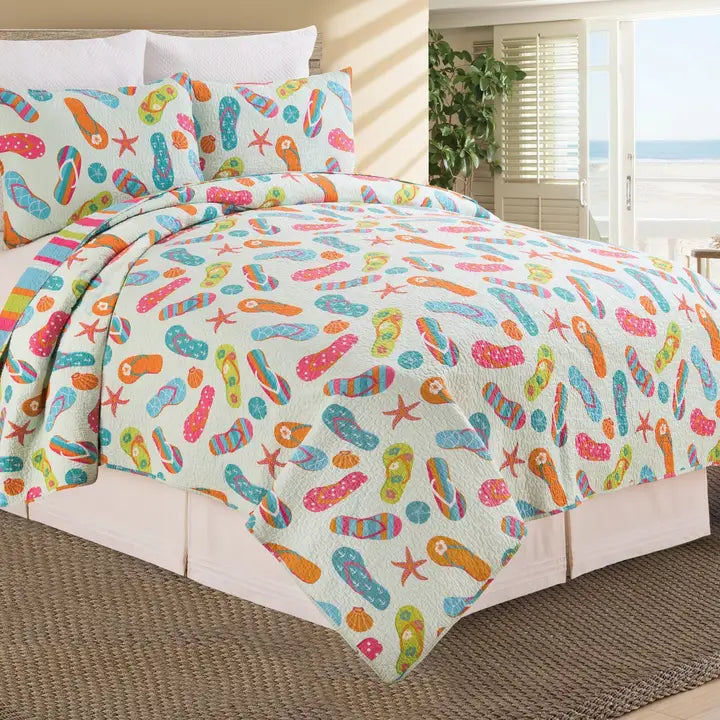 Flip Flops Coastal Quilt Set - Lightweight Microfiber - 3PC