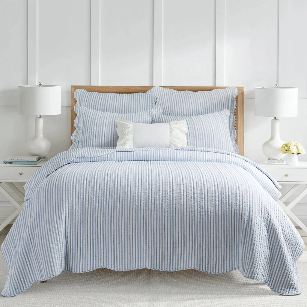 Martha Stripe Blue Euro Sham Set of 2 - Scalloped Edge Coastal Bedding
